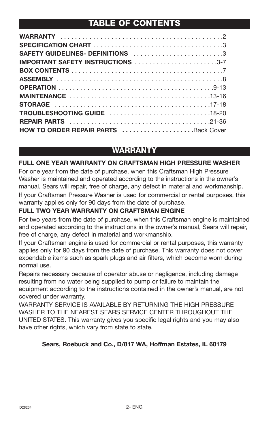 Craftsman D28234 User Manual | Page 2 / 40