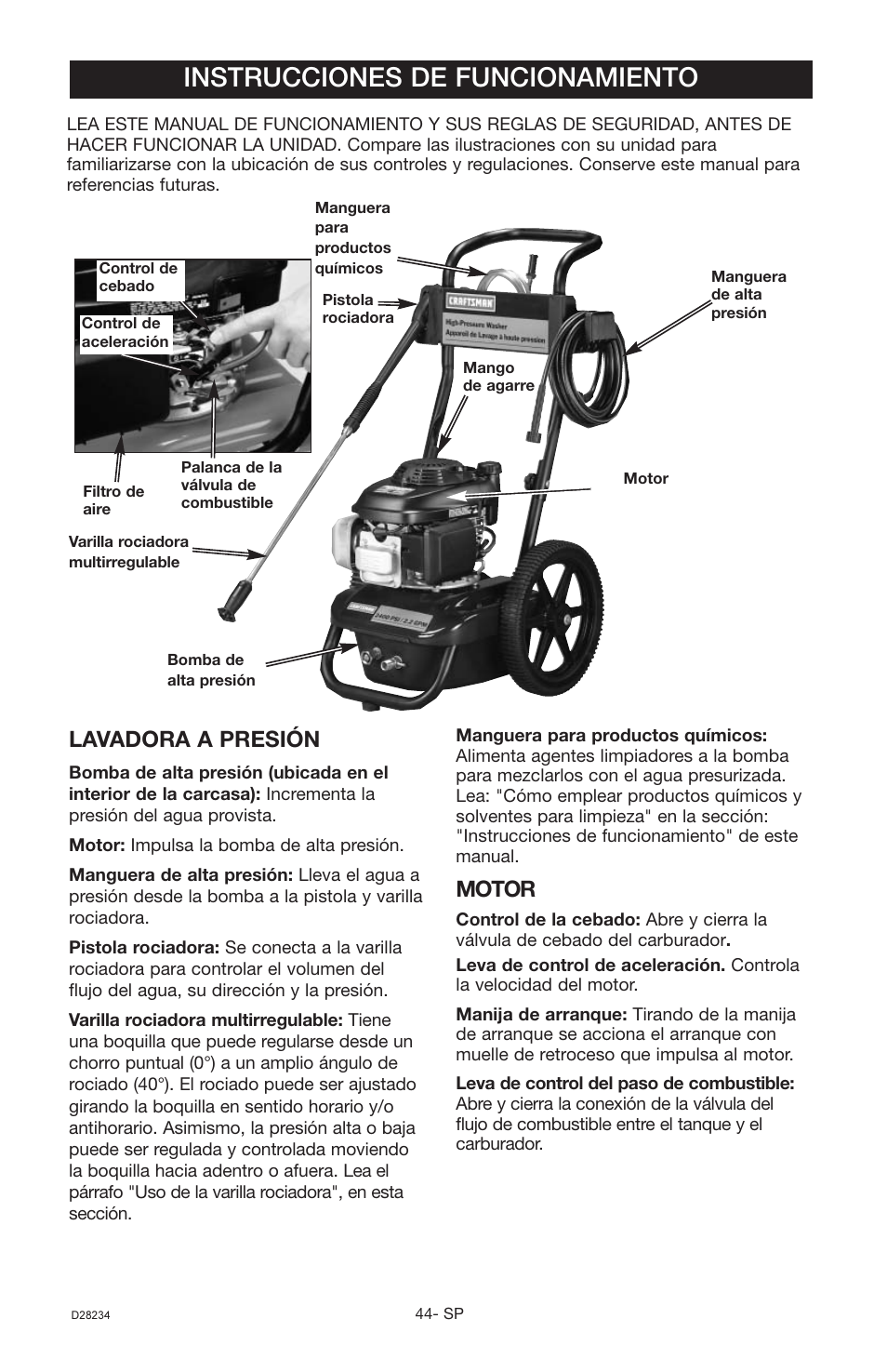 Instrucciones de funcionamiento, Lavadora a presión, Motor | Craftsman D28234 User Manual | Page 28 / 40