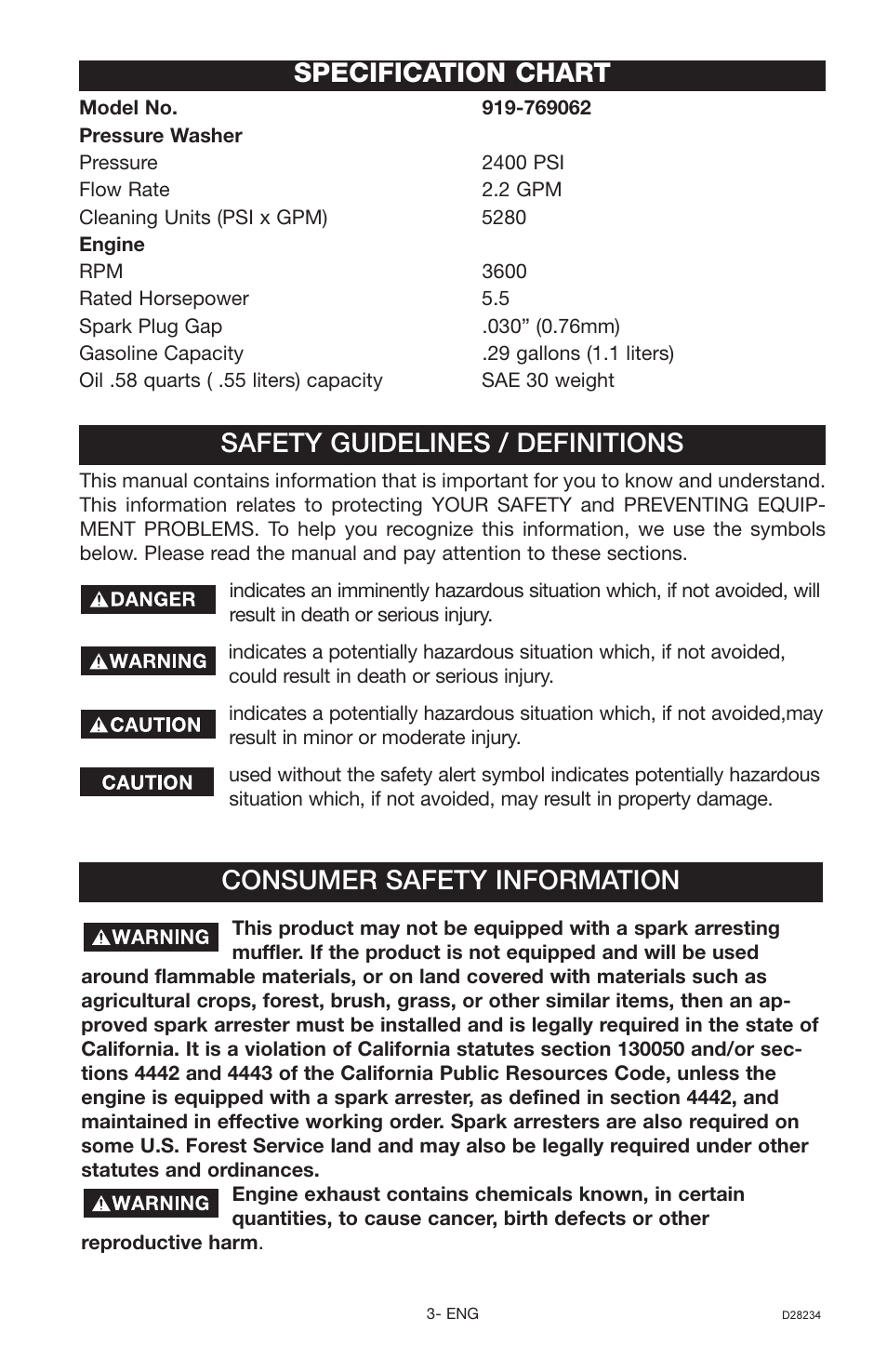 Specification chart, Safety guidelines / definitions, Consumer safety information | Craftsman D28234 User Manual | Page 3 / 40