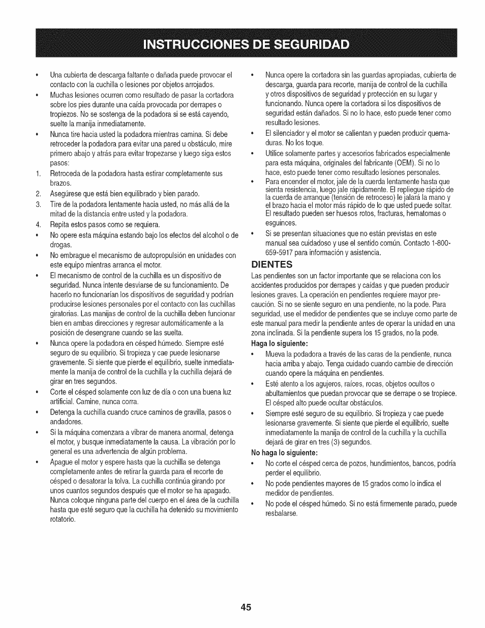 Dientes, Instrucciones de seguridad | Craftsman 247.37683 User Manual | Page 45 / 68
