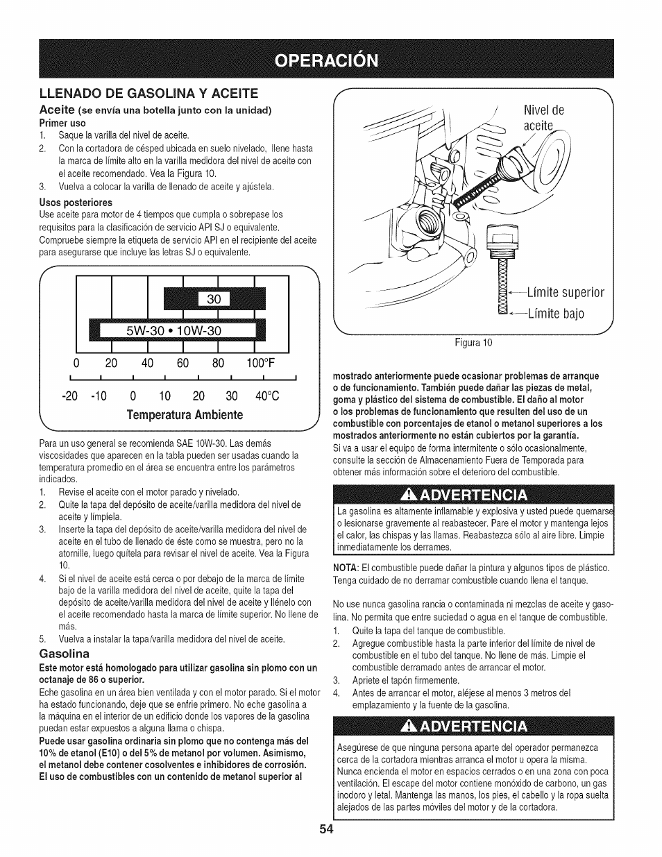 Temperatura ambiente, Gasolina, A advertencia | Aadvertencia, Operacion, Llenado de gasolina y aceite, Nivel de aceite. límite superior límite bajo, Aceite, Advertencia, V____________________________________________ x | Craftsman 247.37683 User Manual | Page 54 / 68