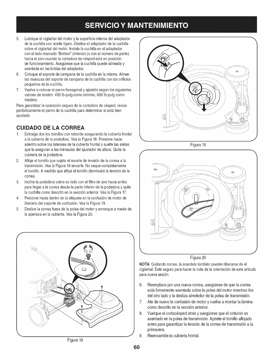 Cuidado de la correa, Servicio y mantenimiento | Craftsman 247.37683 User Manual | Page 60 / 68