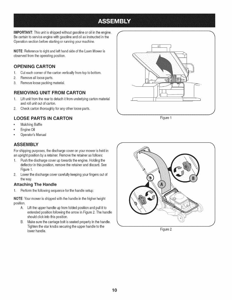 Opening carton, Removing unit from carton, Loose parts in carton | Assembly, Attaching the handle | Craftsman 247.38528 User Manual | Page 10 / 56