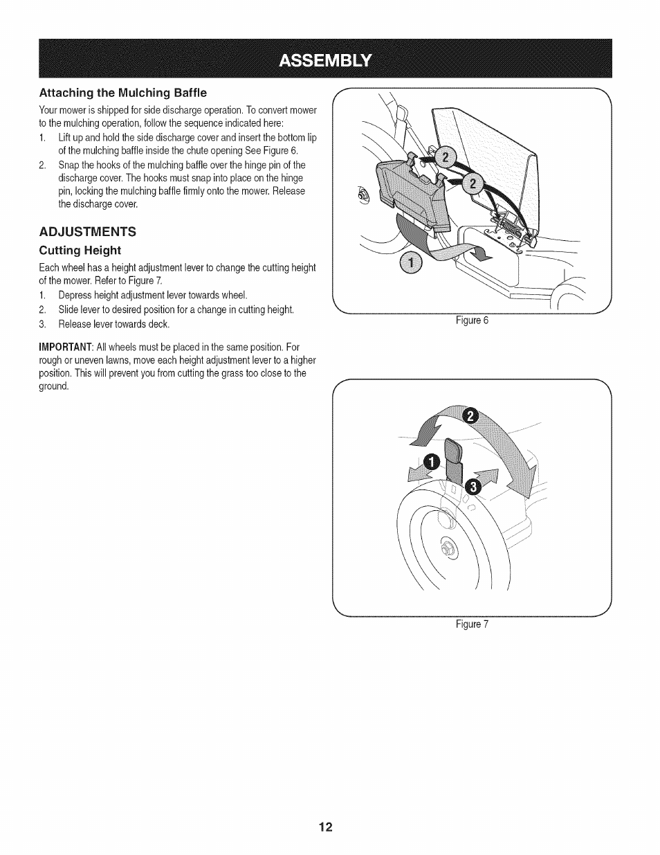 Attaching the mulching baffle, Adjustments cutting height, Assembly | Craftsman 247.38528 User Manual | Page 12 / 56