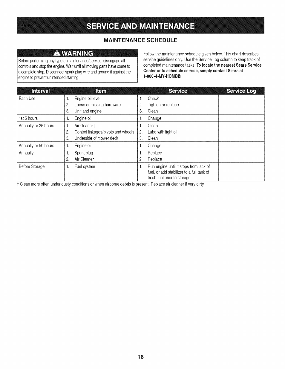 Awarning, Service and maintenance, Warning | Interval item service service log | Craftsman 247.38528 User Manual | Page 16 / 56