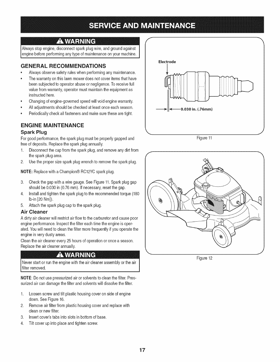 Awarning, General recommendations, Engine maintenance spark plug | Air cleaner, Service and maintenance, Warning | Craftsman 247.38528 User Manual | Page 17 / 56