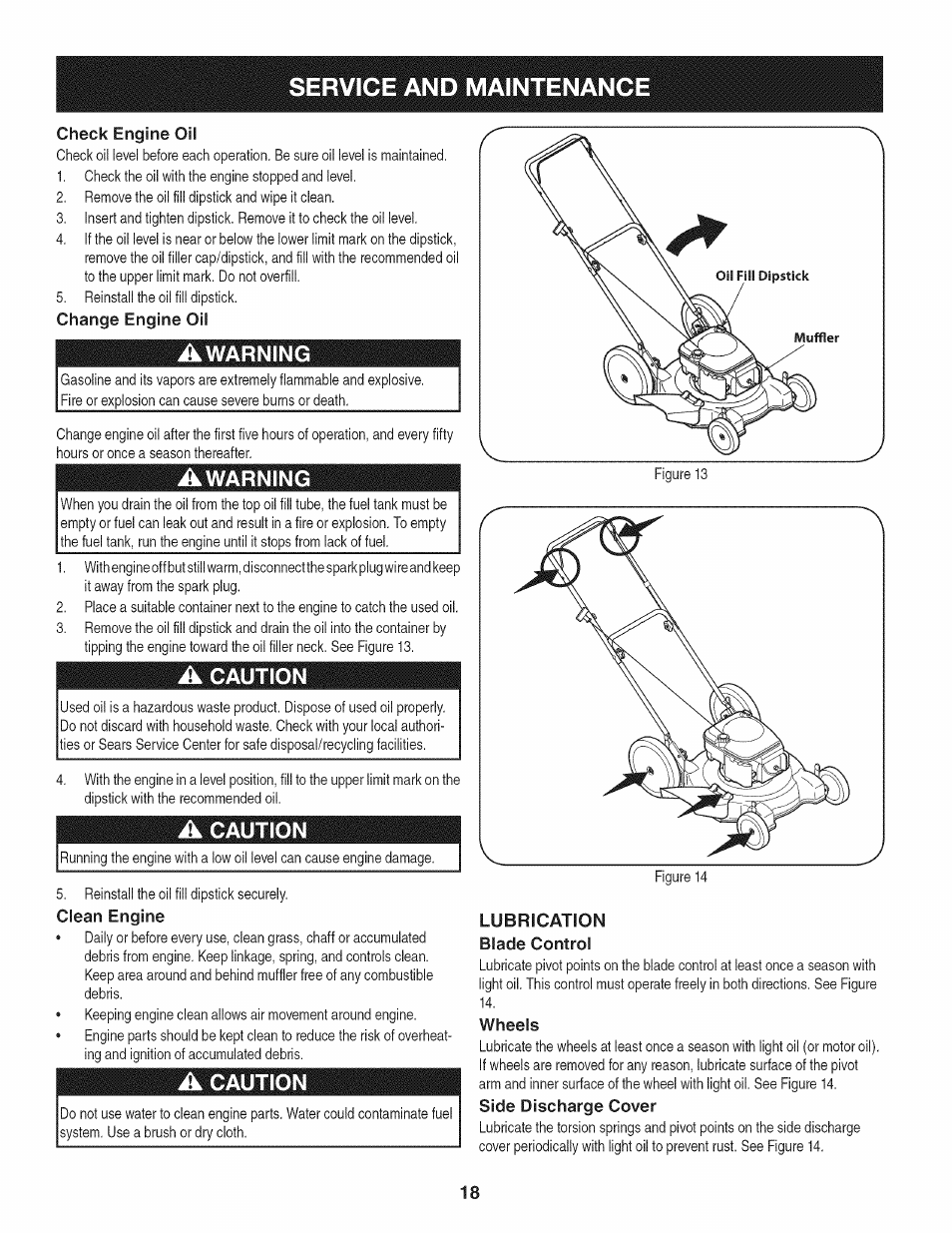 Check engine oil, Change engine oil, Awarning | A caution, Clean engine, Lubrication, Blade control, Wheels, Side discharge cover, Service and maintenance | Craftsman 247.38528 User Manual | Page 18 / 56