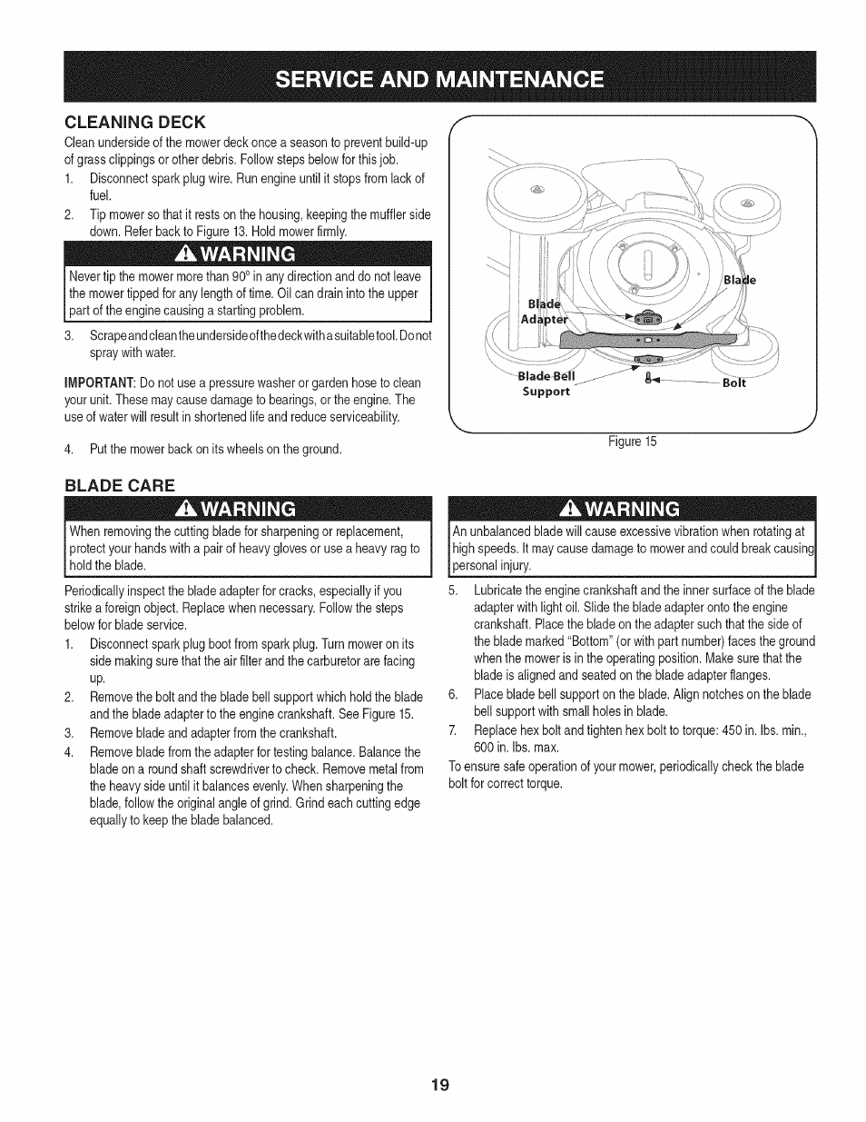 Cleaning deck, Awarning, Blade care | Service and maintenance, Warning | Craftsman 247.38528 User Manual | Page 19 / 56
