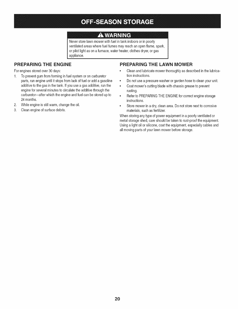 Awarning, Preparing the engine, Preparing the lawn mower | Off-season storag, Warning | Craftsman 247.38528 User Manual | Page 20 / 56