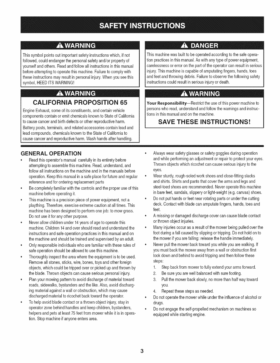 Awarning, California proposition 65, Save these instructions | General operation, Safety instructions, Awarning california proposition 65, Danger | Craftsman 247.38528 User Manual | Page 3 / 56