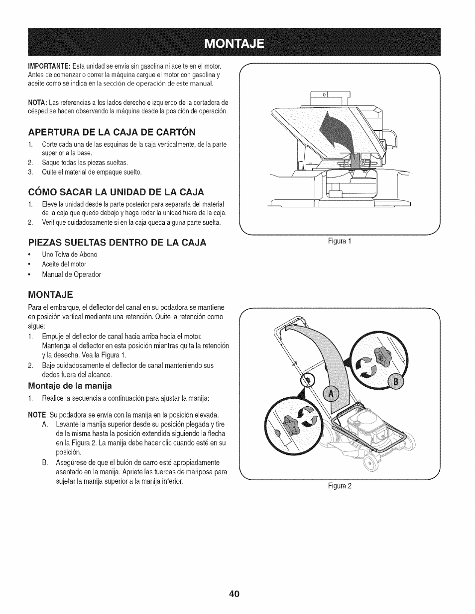 Apertura de la caja de cartón, Cómo sacar la unidad de la caja, Piezas sueltas dentro de la caja | Montaje, Montaje de la manija | Craftsman 247.38528 User Manual | Page 40 / 56