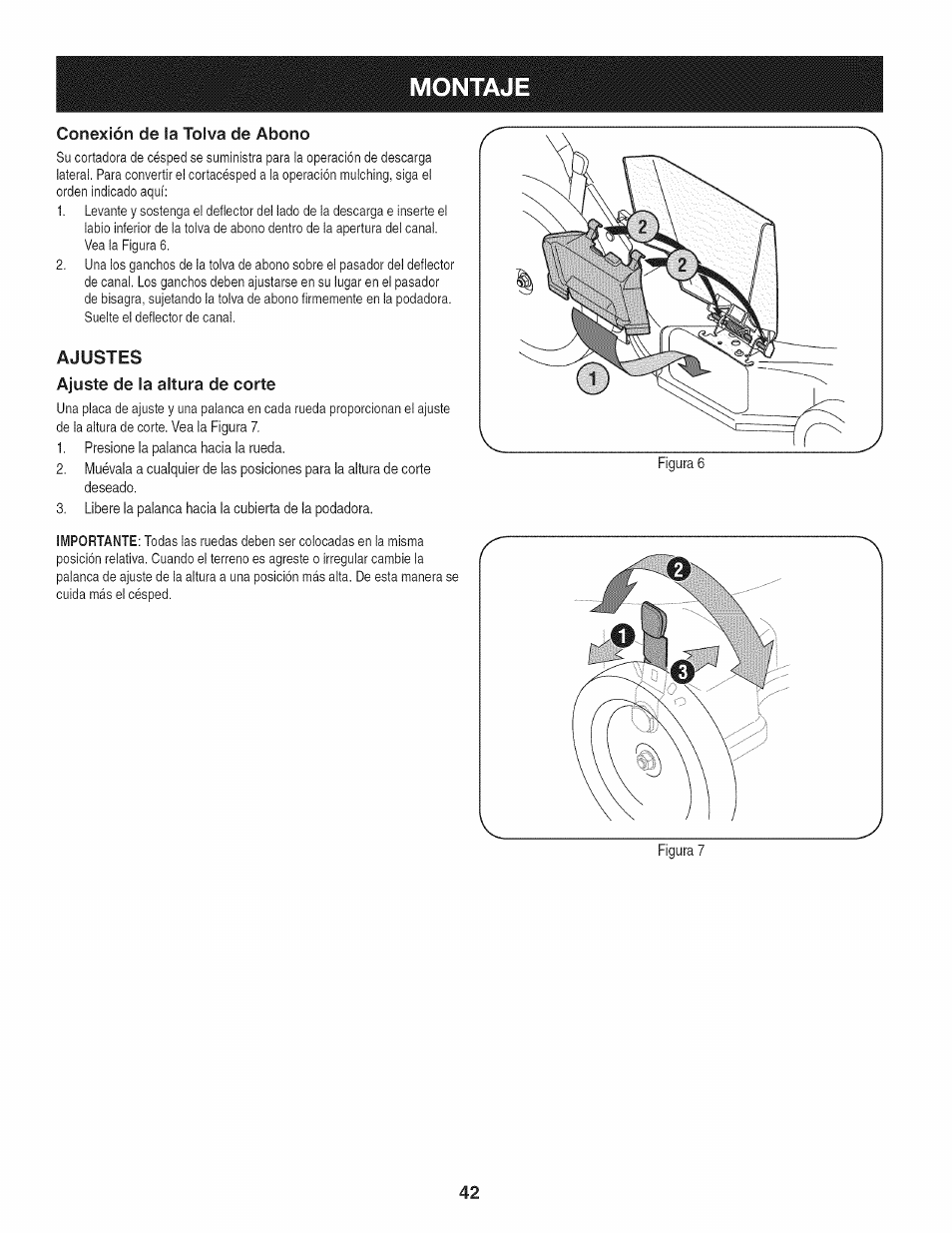 Conexión de la tolva de abono, Ajustes, Ajuste de la altura de corte | Ajustes ajuste de la altura de corte | Craftsman 247.38528 User Manual | Page 42 / 56