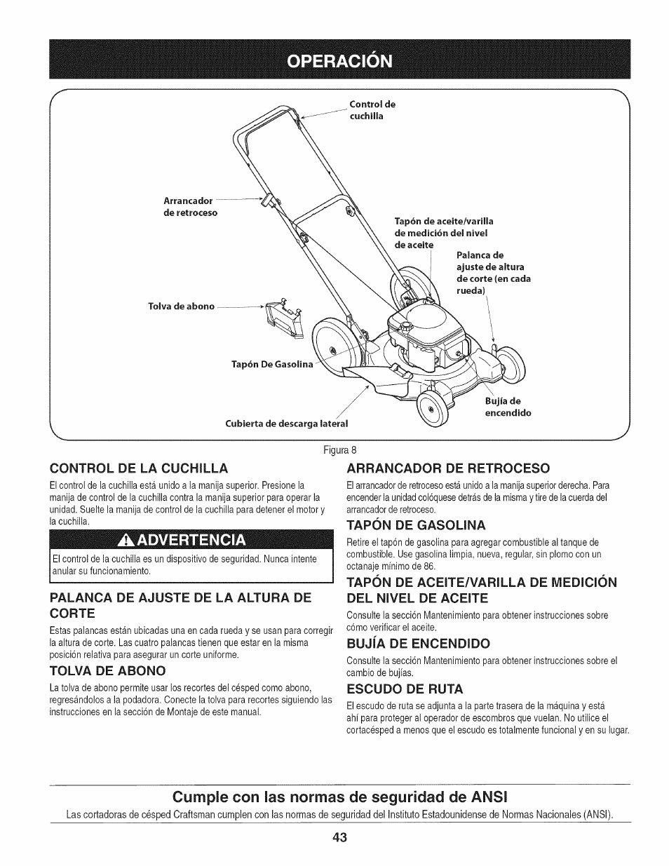 Palanca de ajuste de la altura de corte, Tolva de abono, Tapón de gasolina | Bujía de encendido, Escudo de ruta, Operacion, Aadvertencia, Cumple con las normas de seguridad de ansi | Craftsman 247.38528 User Manual | Page 43 / 56