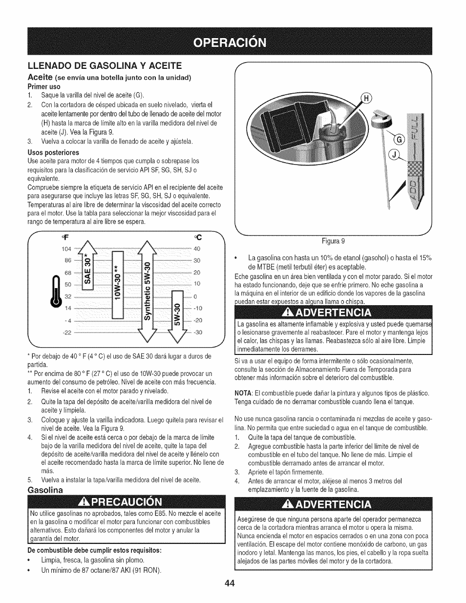 Gasolina, Aprecaución, Aadvertencia | Operacion | Craftsman 247.38528 User Manual | Page 44 / 56