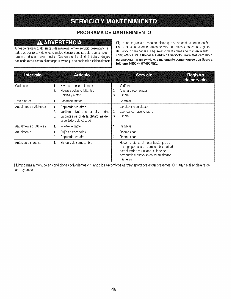 A advertencia, Servicio y mantenimient | Craftsman 247.38528 User Manual | Page 46 / 56