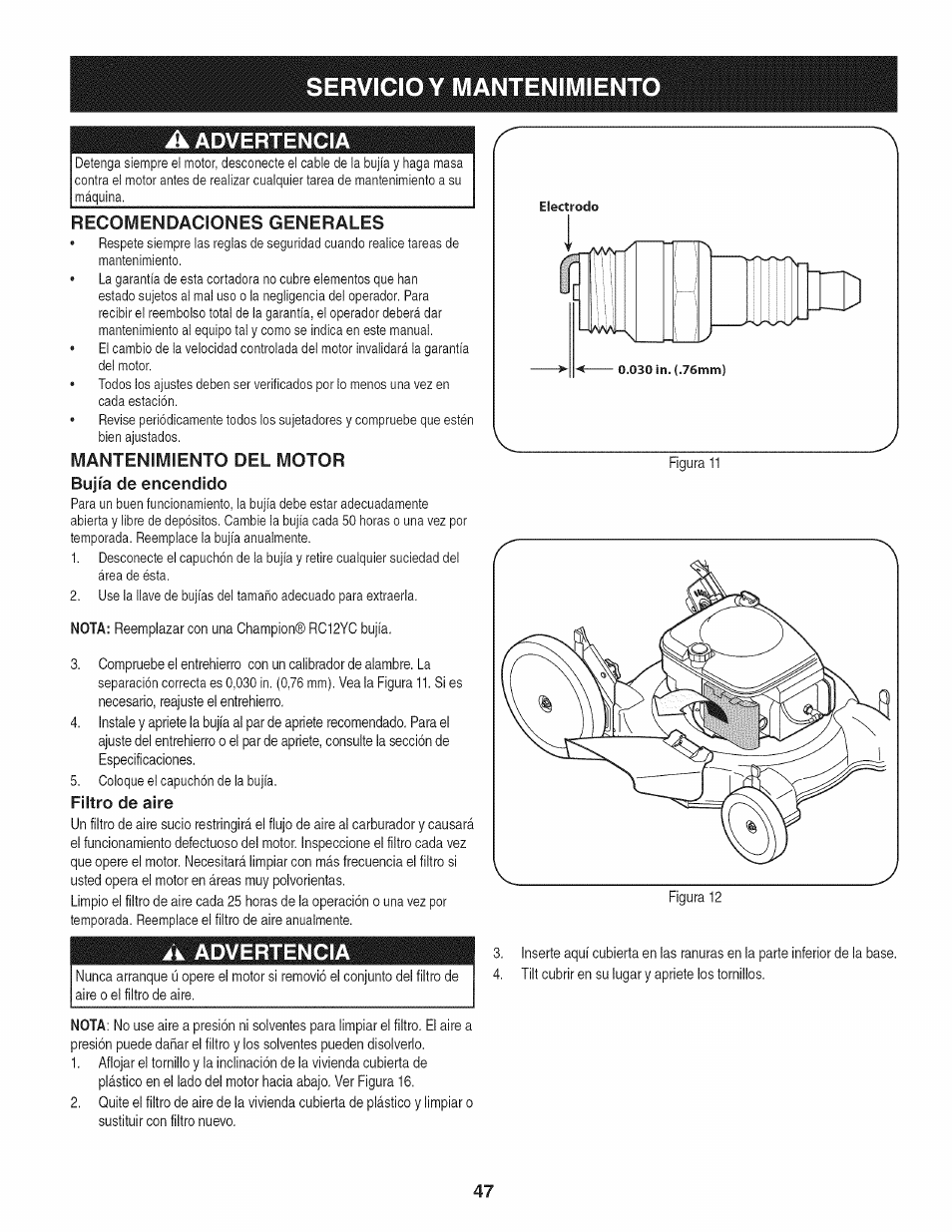 A advertencia, Recomendaciones generales, Mantenimiento del motor | Bujía de encendido, Filtro de aire, Ik advertencia, Servicio y mantenimiento, Mantenimiento del motor bujía de encendido | Craftsman 247.38528 User Manual | Page 47 / 56