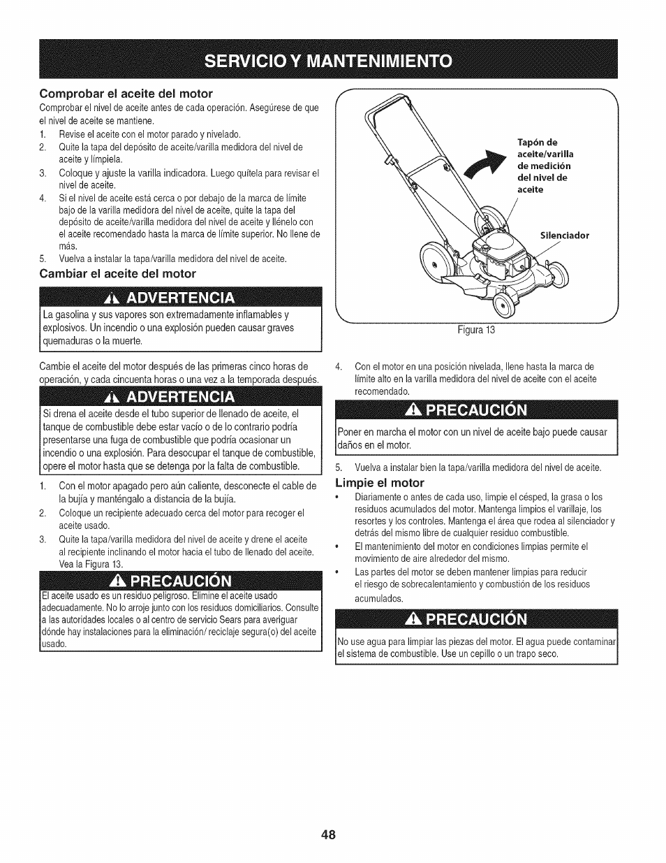 Comprobar el aceite del motor, Cambiar el aceite del motor, A advertencia | A precaucion, A precaución, Limpie el motor, Servicio y mantenimiento, Precaucion, Precaución | Craftsman 247.38528 User Manual | Page 48 / 56