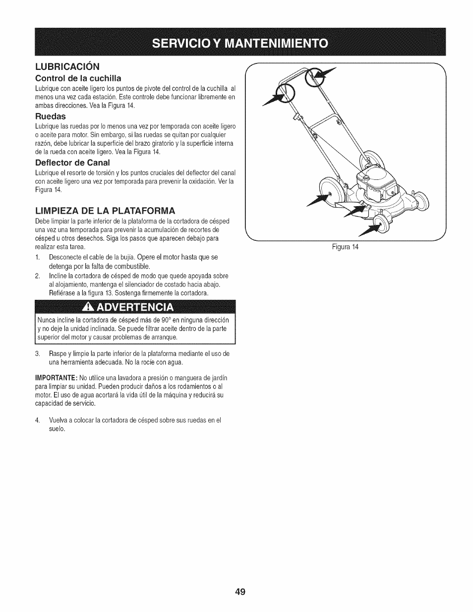 Lubricacion control de la cuchilla, Ruedas, Deflector de canal | Limpieza de la plataforma, A advertencia, Servicio y mantenimiento, Advertencia | Craftsman 247.38528 User Manual | Page 49 / 56