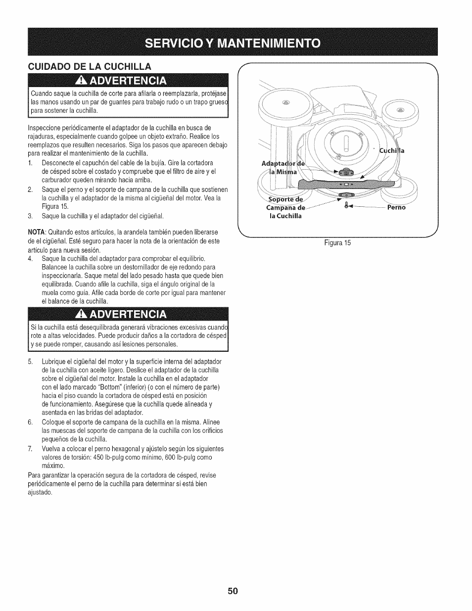 A advertencia, Servicio y mantenimiento, Advertencia | Craftsman 247.38528 User Manual | Page 50 / 56