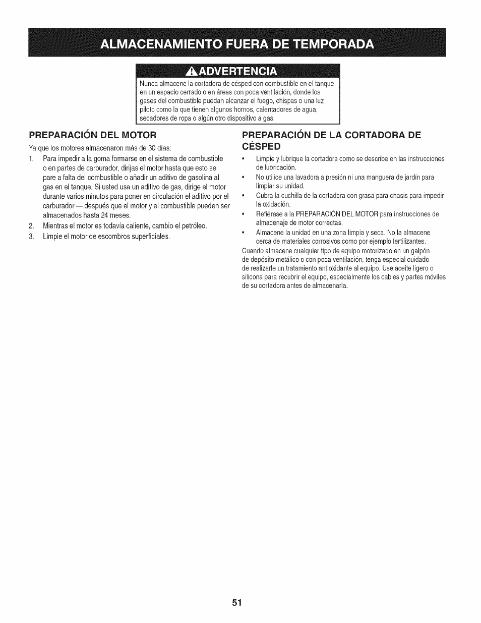 Almacenamiento fuera de temporad, Aadvertencia, Preparacion del motor | Preparacion de la cortadora de césped | Craftsman 247.38528 User Manual | Page 51 / 56
