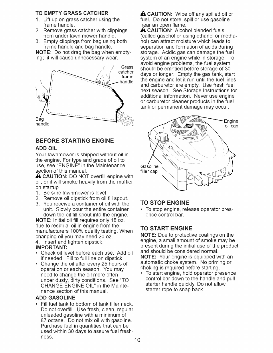 Before starting engine add oil, Add gasoline, To stop engine | To start engine | Craftsman 917.376401 User Manual | Page 10 / 48