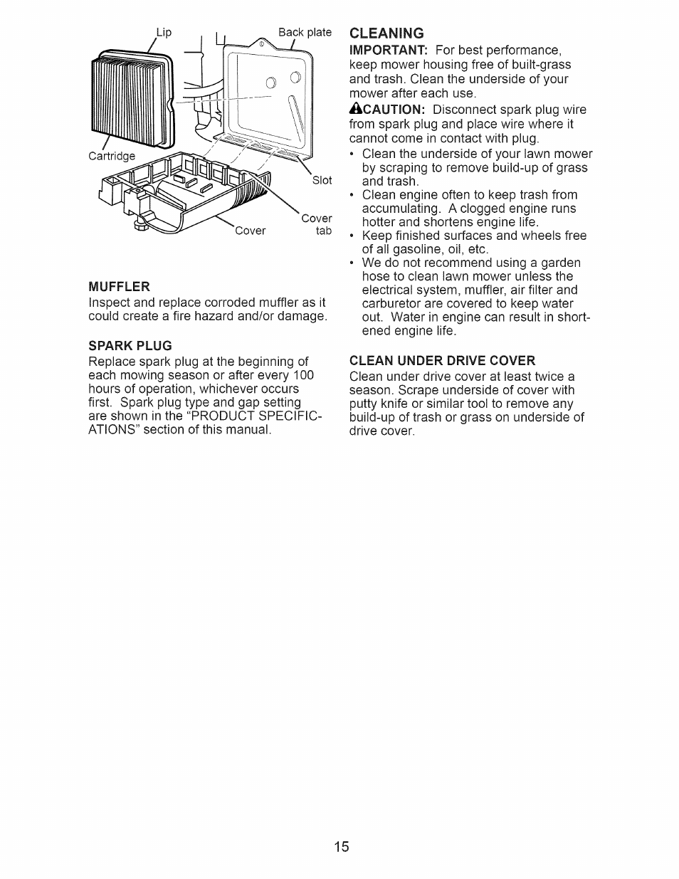 Muffler, Spark plug, Cleaning | Clean under drive cover | Craftsman 917.376401 User Manual | Page 15 / 48