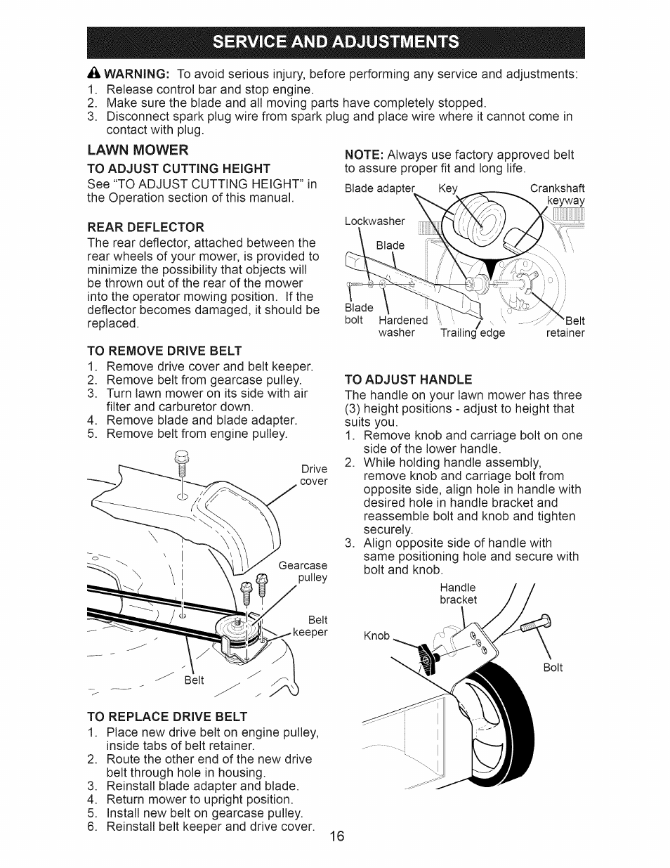 Service and adjustments, Lawn mower to adjust cutting height, Rear deflector | To remove drive belt, To replace drive belt, To adjust handle | Craftsman 917.376401 User Manual | Page 16 / 48