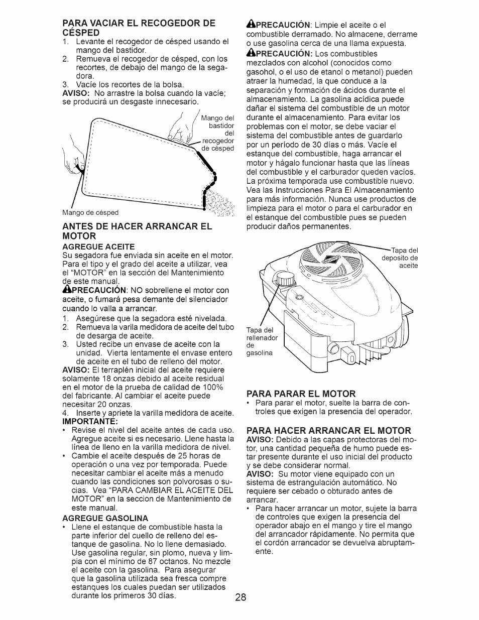 Para parar el motor, Para hacer arrancar el motor | Craftsman 917.376401 User Manual | Page 28 / 48