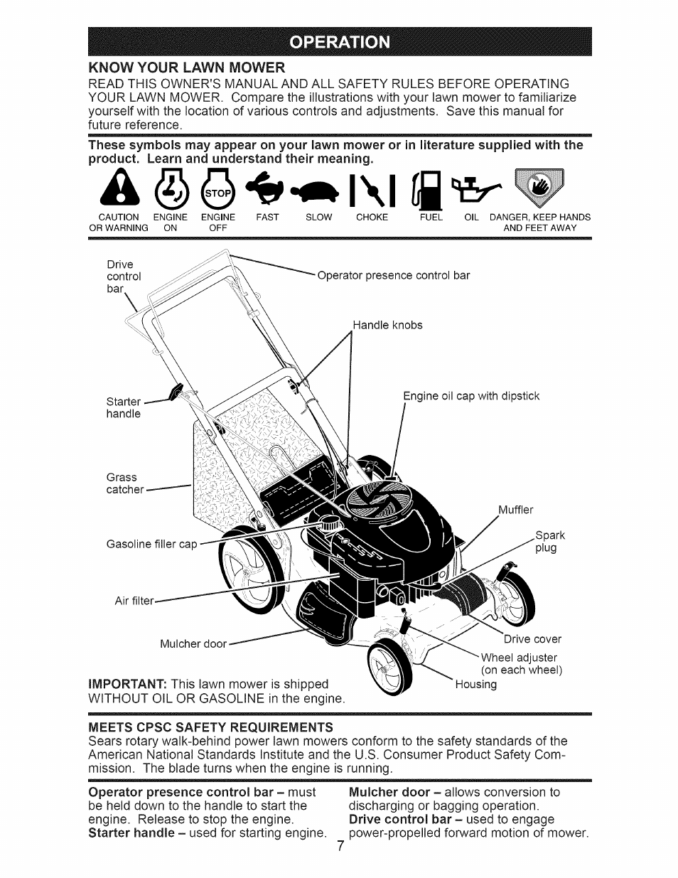 Meets cpsc safety requirements, Operation, Know your lawn mower | Craftsman 917.376401 User Manual | Page 7 / 48