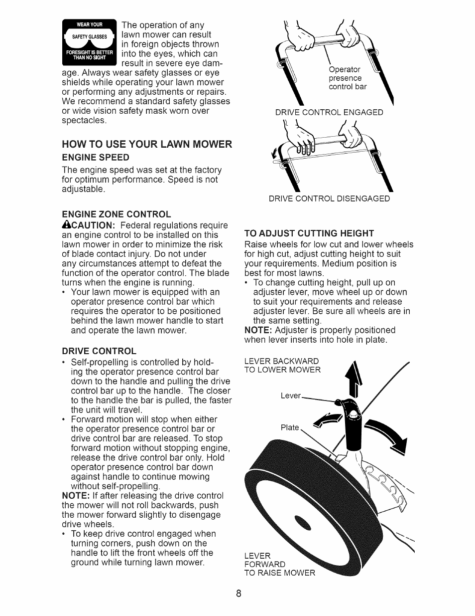 How to use your lawn mower, Engine speed, Engine zone control | Drive control, To adjust cutting height | Craftsman 917.376401 User Manual | Page 8 / 48