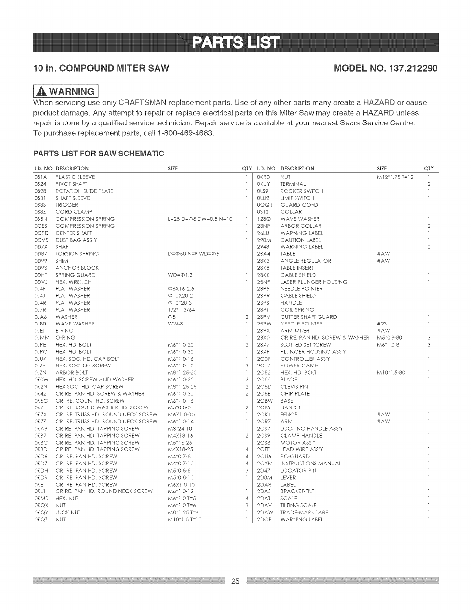 Parts lis, Parts list | Craftsman 137.212290 User Manual | Page 25 / 28