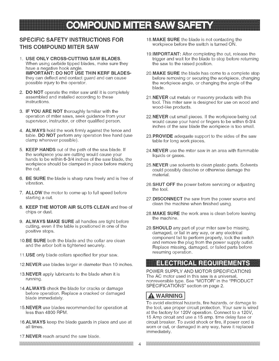 Compound mfter saw sap, Electrical requirement, Compound miter saw safety | Craftsman 137.212290 User Manual | Page 4 / 28