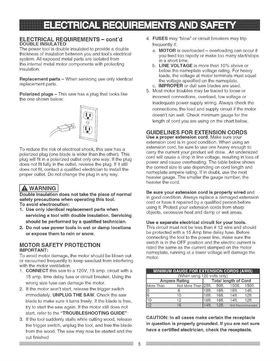 Eœctrical requirements and sap, Electrical requirements and safety | Craftsman 137.212290 User Manual | Page 5 / 28