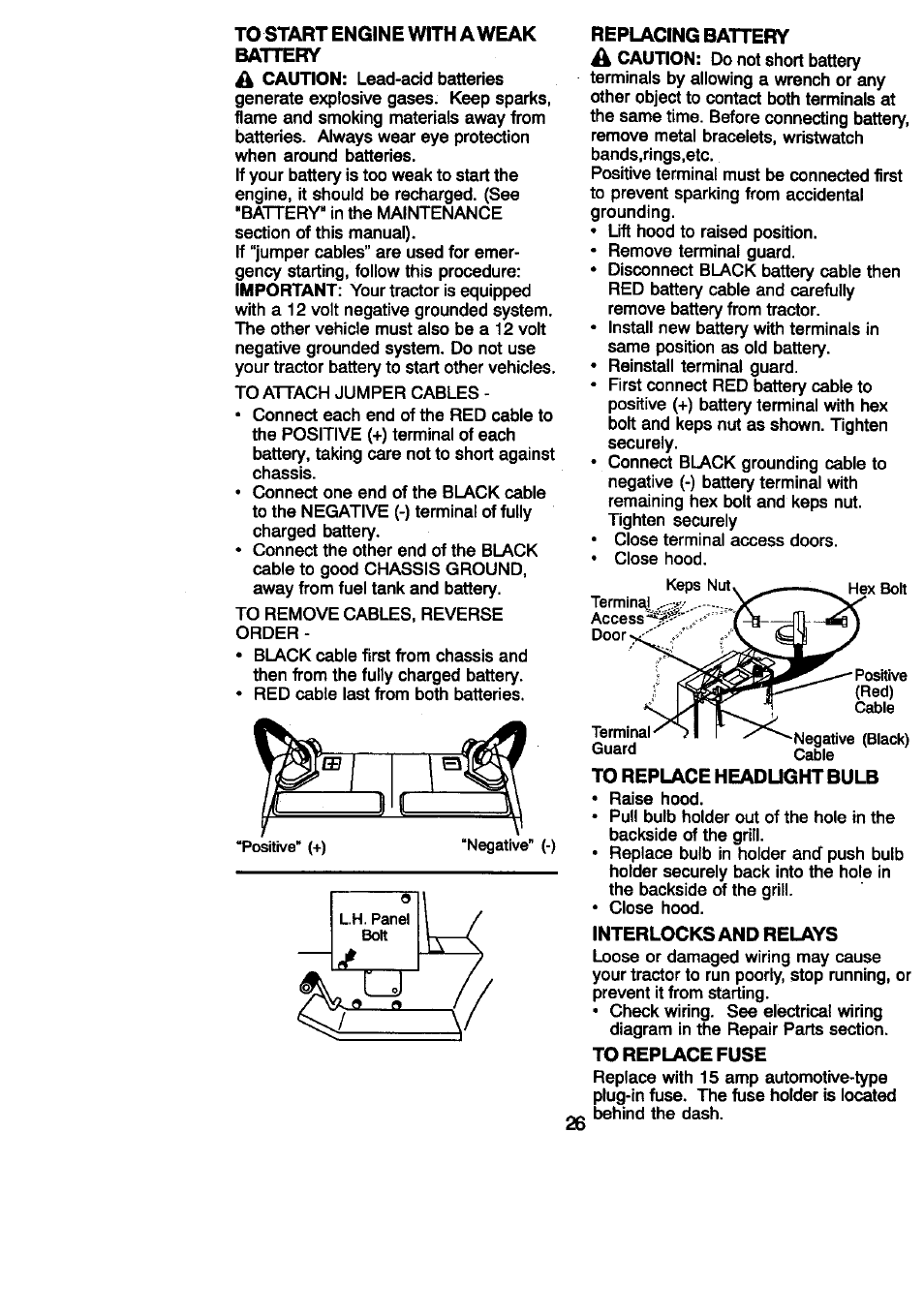 To start engine with a weak battery, To replace headught bulb, Interlocks and relays | To replace fuse | Craftsman 917.270860 User Manual | Page 26 / 60