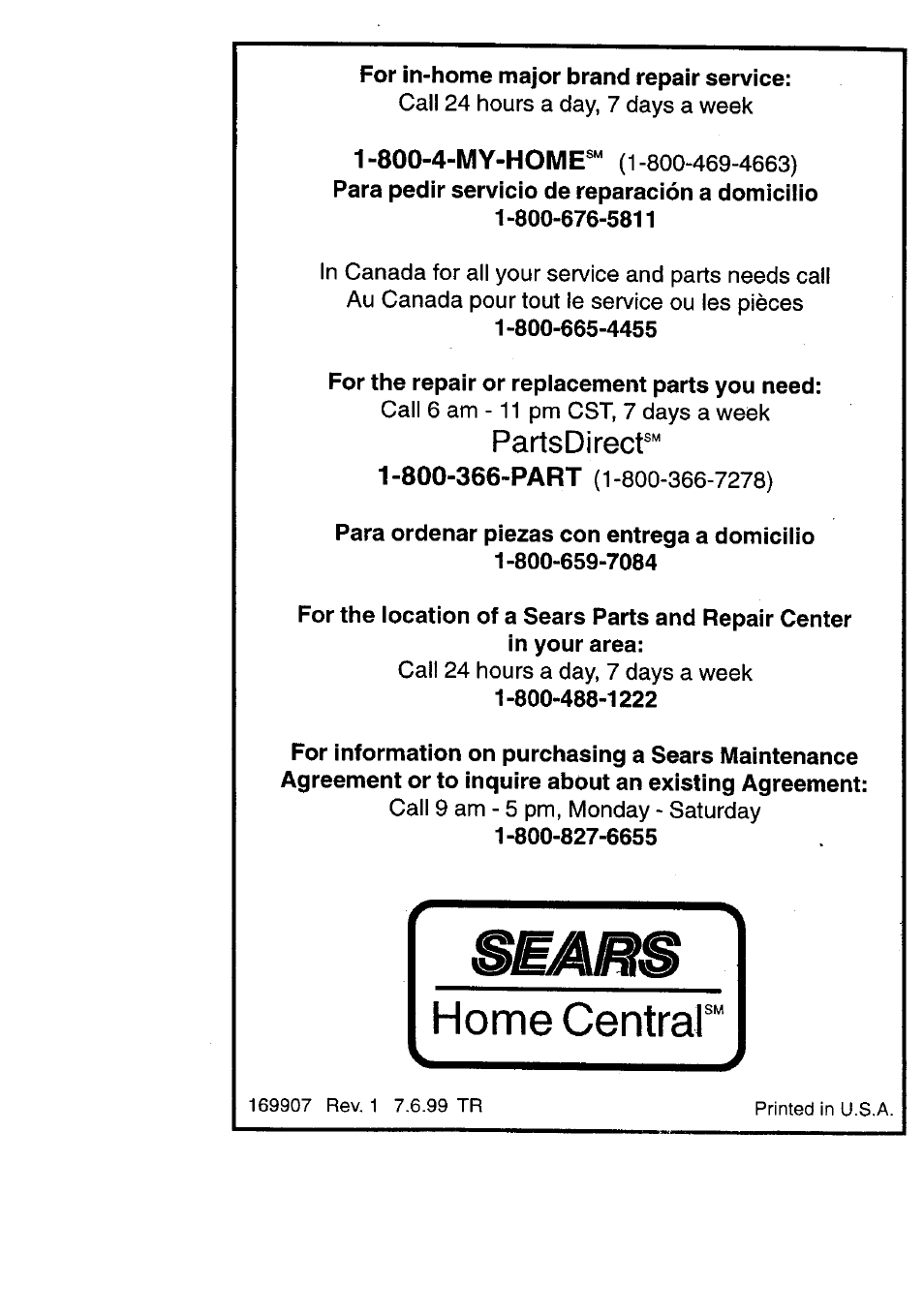 Partsdirecf, 800-4-my-home, Call 24 hours a day, 7 days a week | Call 6 am -11 pm cst, 7 days a week, Call 9 am - 5 pm, monday - saturday | Craftsman 917.270860 User Manual | Page 60 / 60