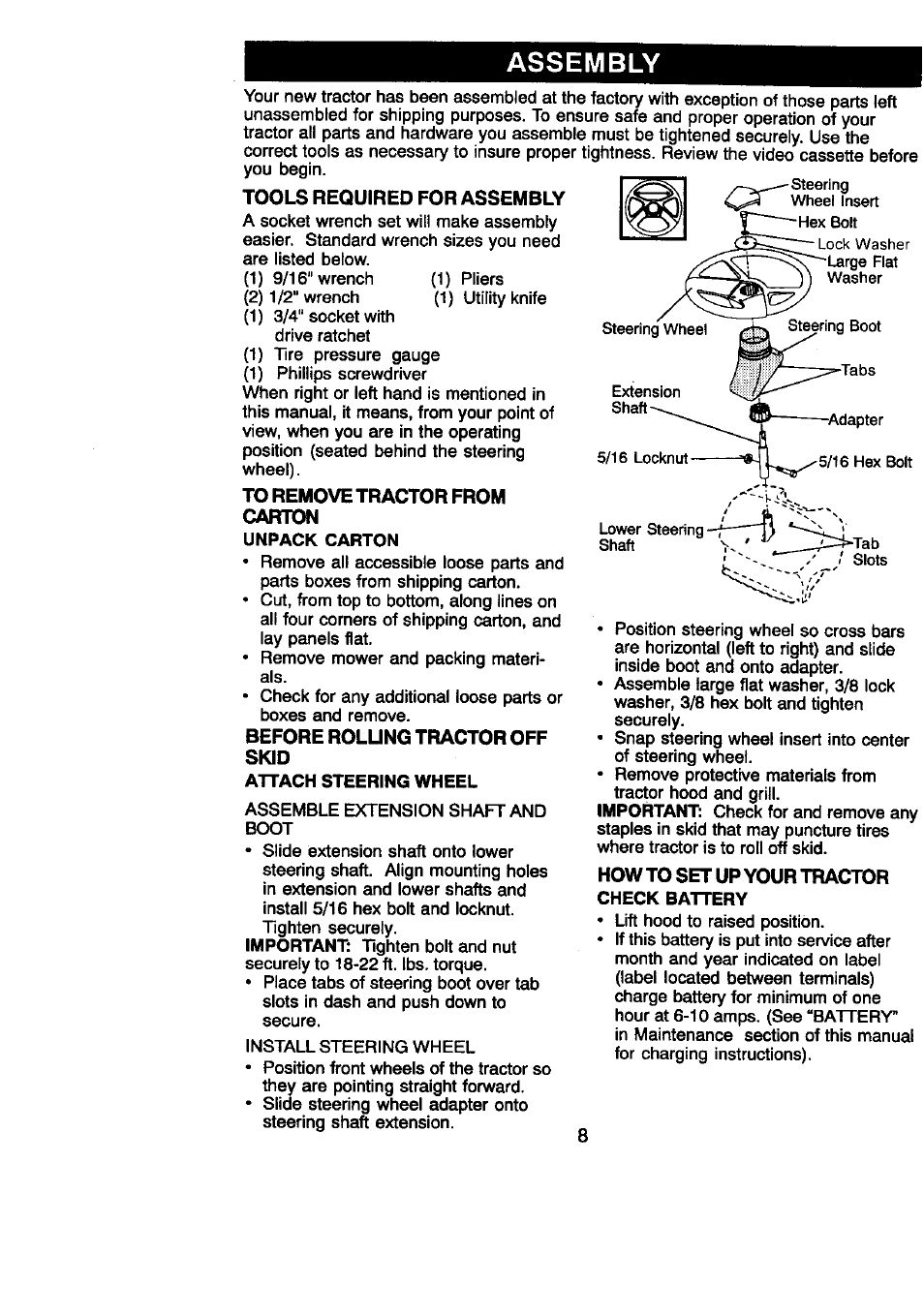 Assembly, Unpack carton, Attach steering wheel | Check battery | Craftsman 917.270860 User Manual | Page 8 / 60