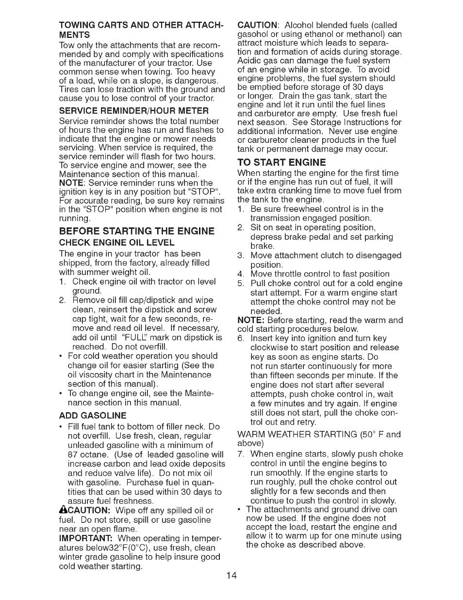 Before starting the engine, To start engine | Craftsman 917.28726 User Manual | Page 14 / 64