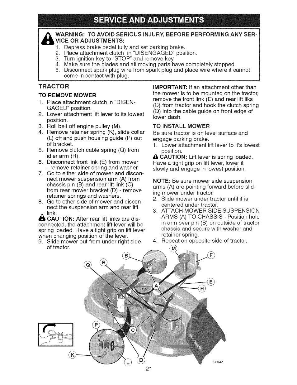 Tractor, Service and adjustments | Craftsman 917.28726 User Manual | Page 21 / 64