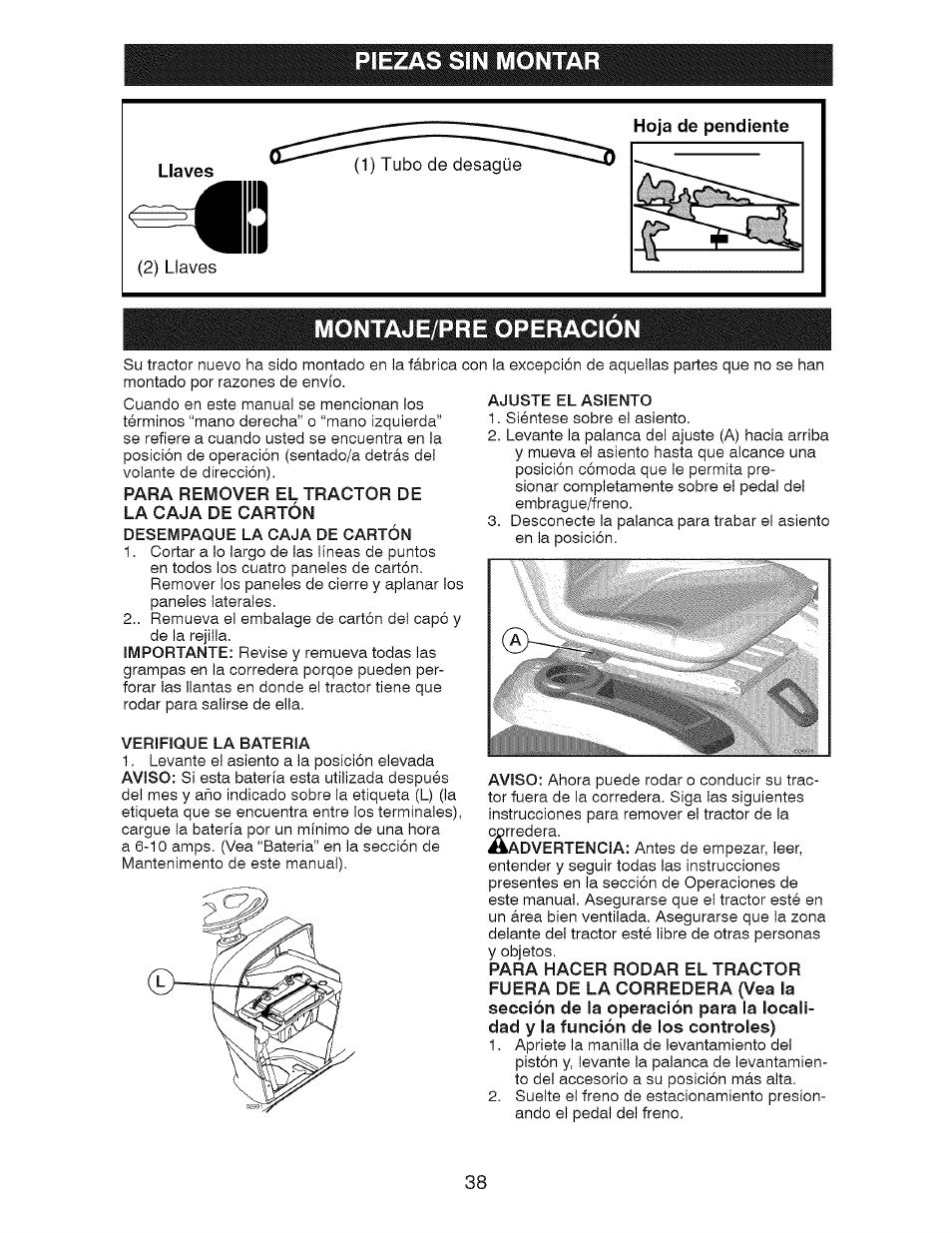 Piezas sin montar, Montaje/pre operacion | Craftsman 917.28726 User Manual | Page 38 / 64