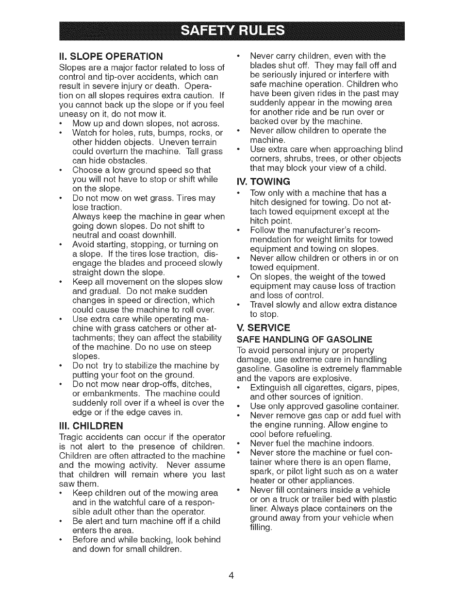 Iii. children, Iv. towing, V. service | Safety rules | Craftsman 917.28726 User Manual | Page 4 / 64