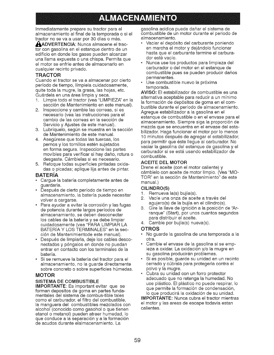 Âlmâcenâmiënto | Craftsman 917.28726 User Manual | Page 59 / 64