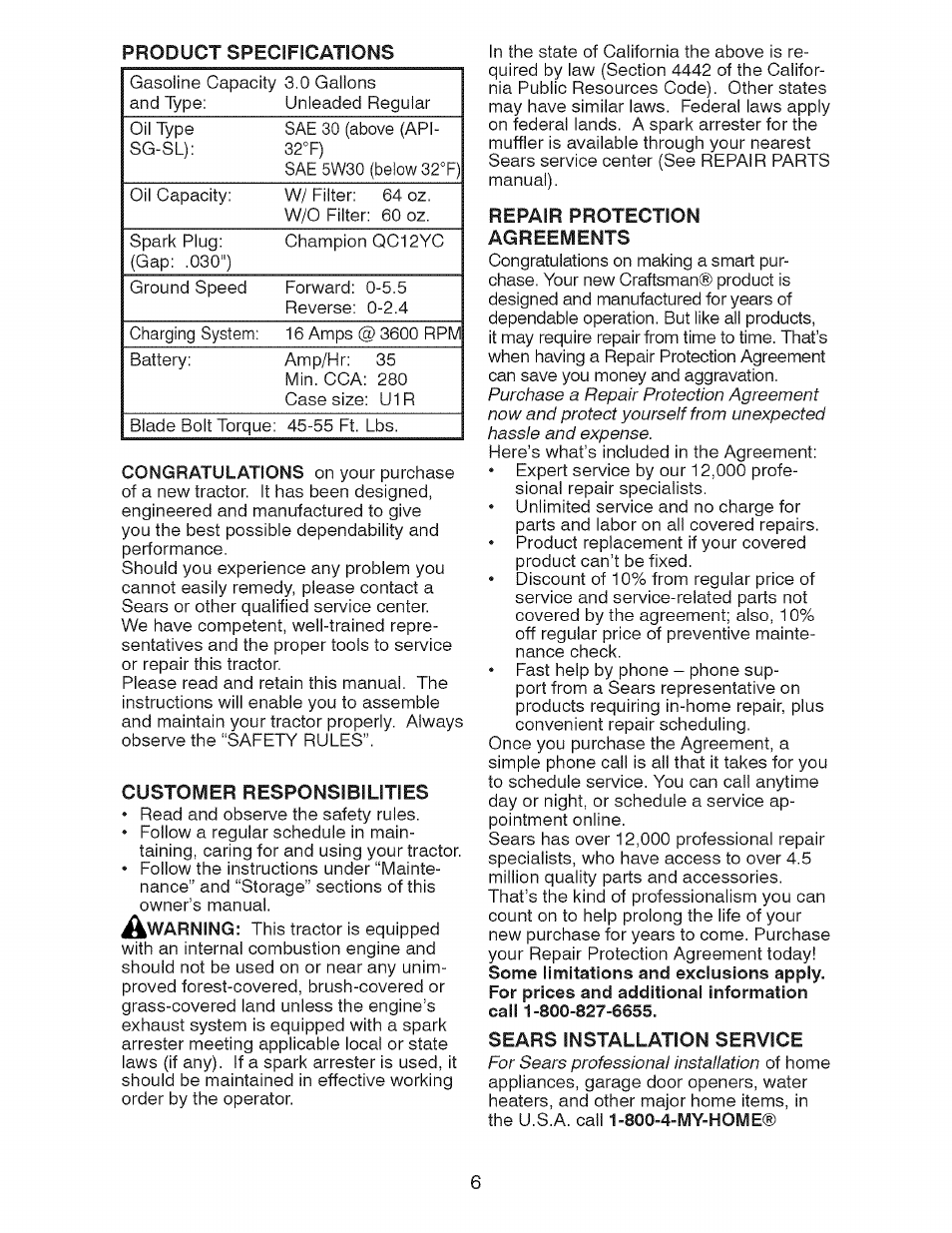 Customer responsibilities, Repair protection, Sears installation service | Craftsman 917.28726 User Manual | Page 6 / 64