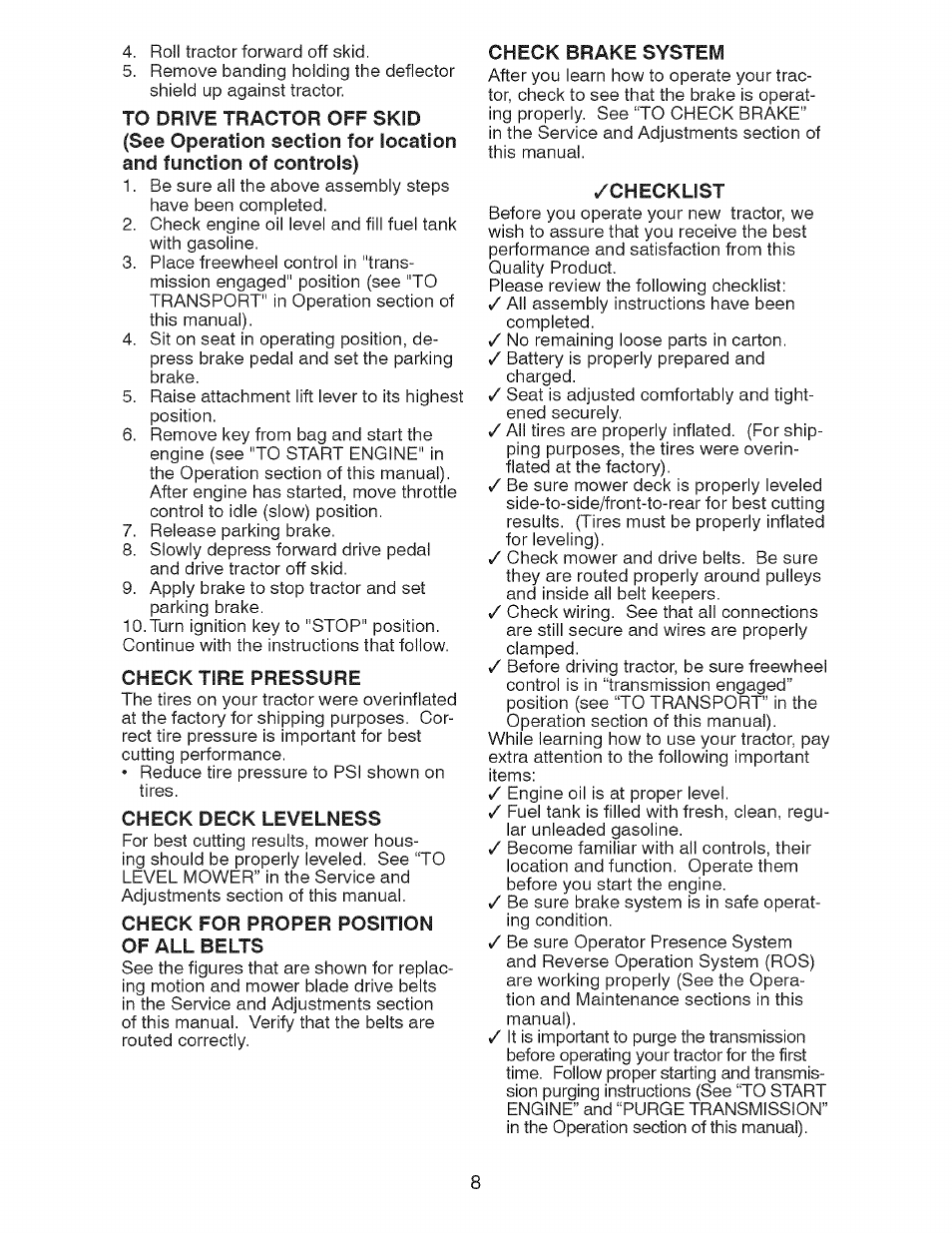 Check tire pressure, Check deck levelness, Check for proper position of all belts | Check brake system, Checklist | Craftsman 917.28726 User Manual | Page 8 / 64