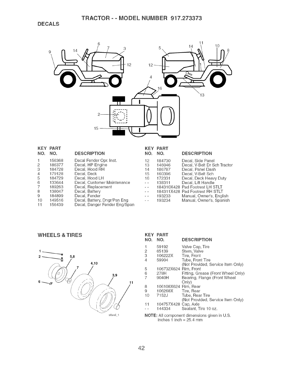 Decals, Wheels & tires | Craftsman 917.273373 User Manual | Page 42 / 56