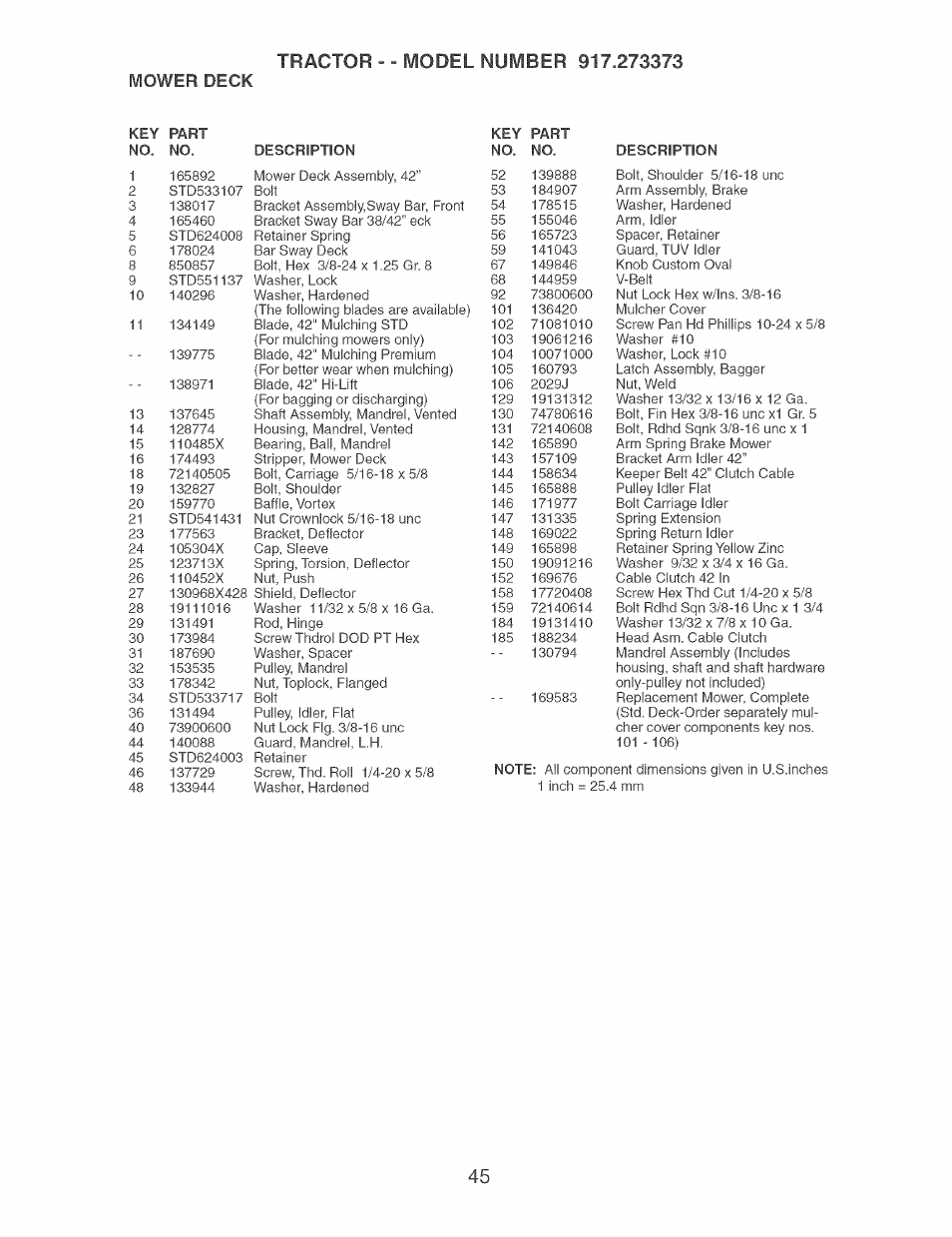 Mower deck | Craftsman 917.273373 User Manual | Page 45 / 56