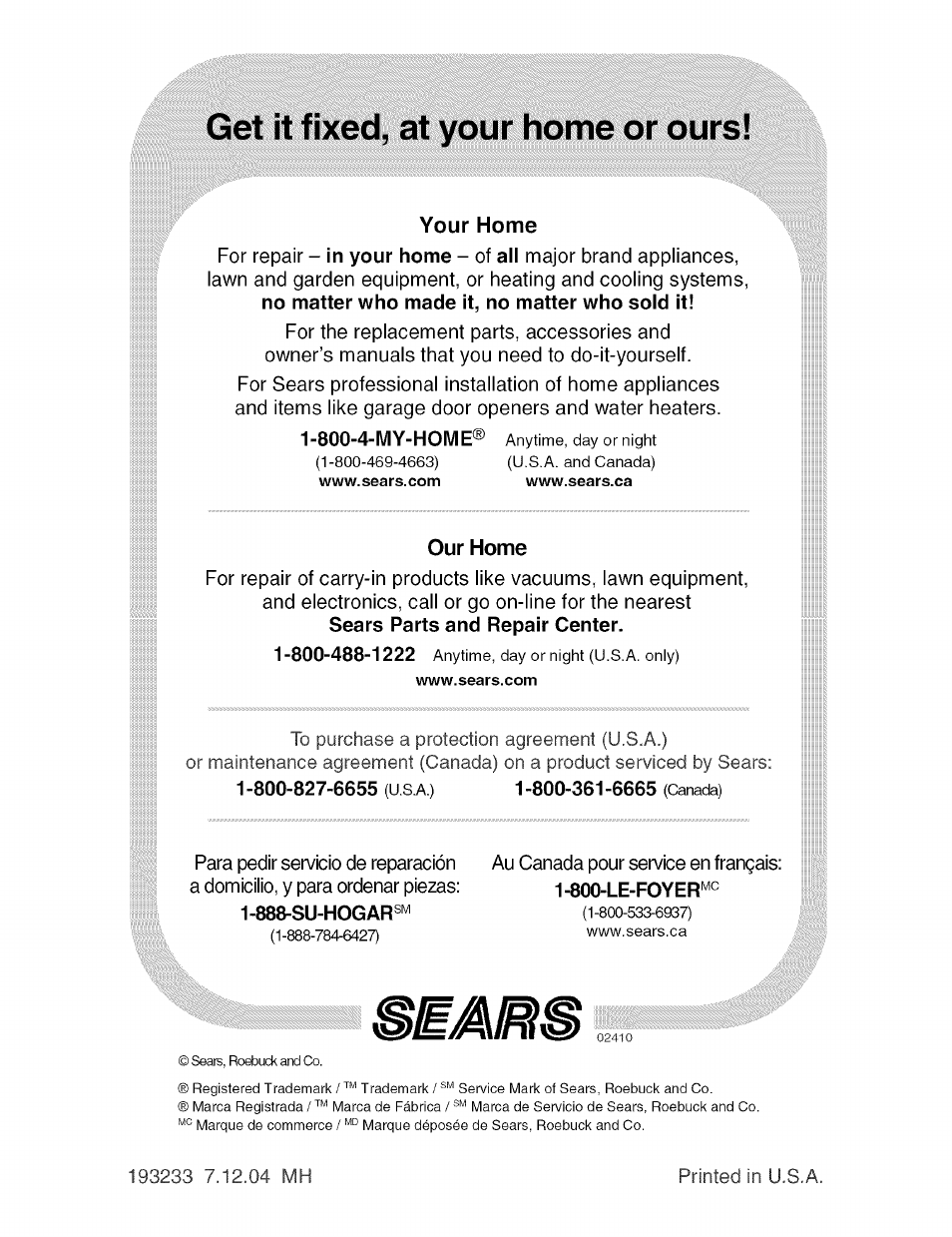 Your home, Our home, Get it fixed, at your home or ours | Craftsman 917.273373 User Manual | Page 56 / 56
