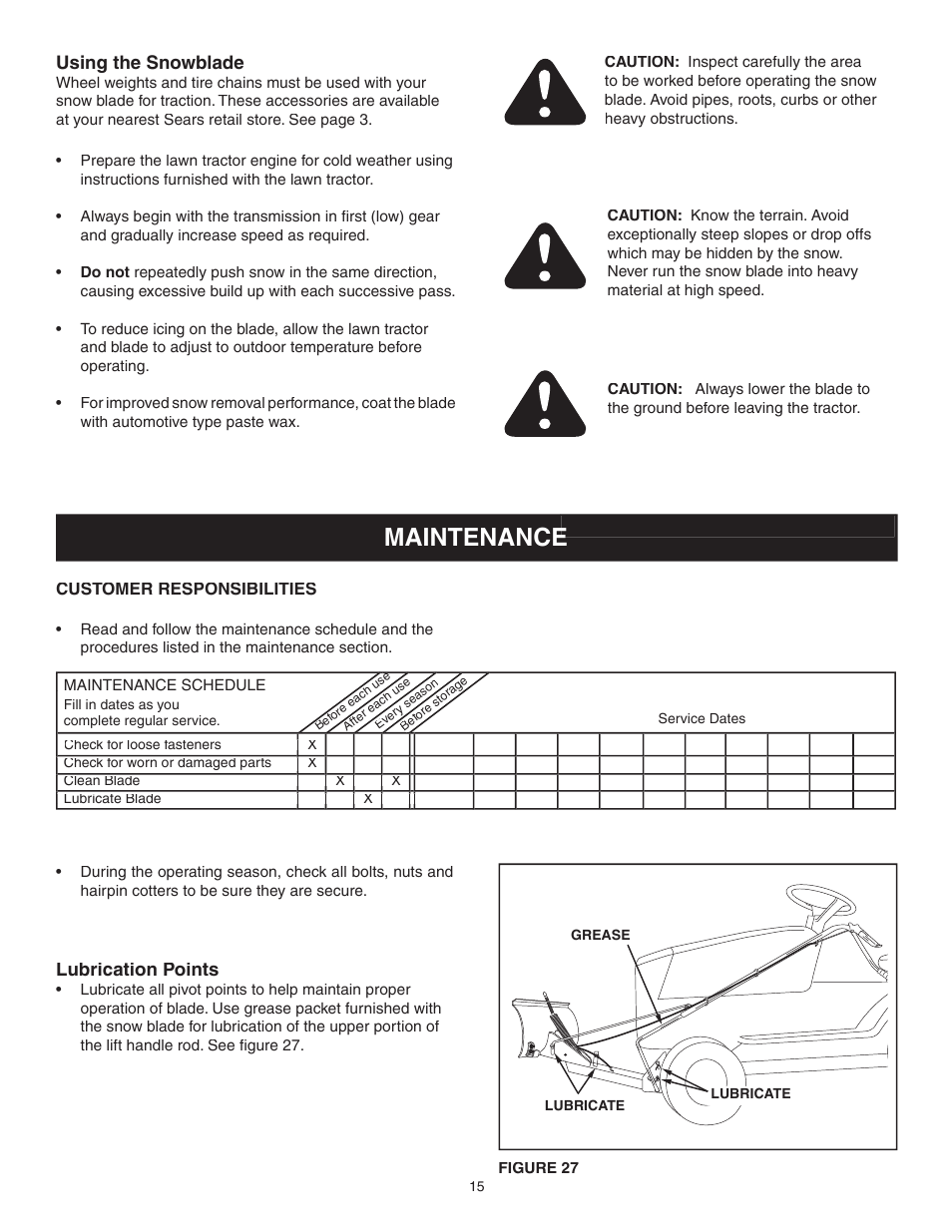 Maintenance, Using the snowblade, Lubrication points | Craftsman 486.244283 User Manual | Page 15 / 20