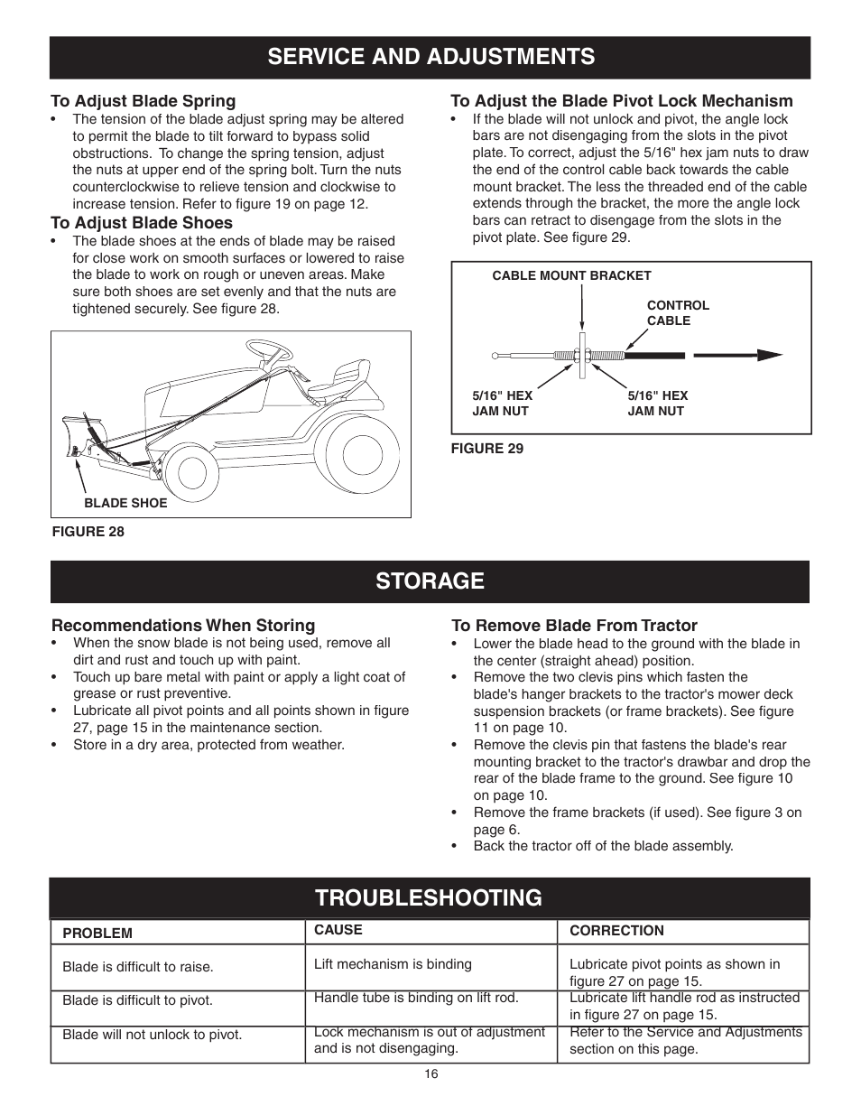 Service and adjustments, Storage, Troubleshooting | Craftsman 486.244283 User Manual | Page 16 / 20