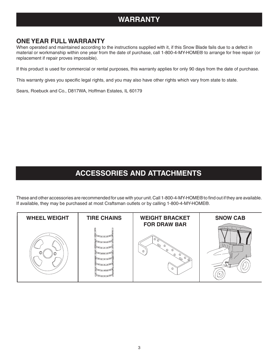 Accessories and attachments warranty | Craftsman 486.244283 User Manual | Page 3 / 20