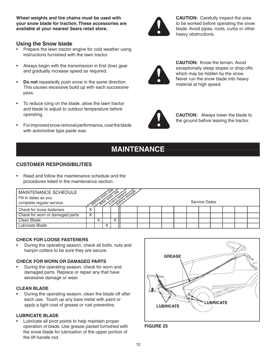 Maintenance, Using the snow blade | Craftsman SNOW BLADE 486.24441 User Manual | Page 12 / 20